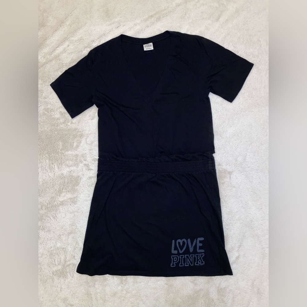 VS PINK VINTAGE Y2K TEE SHIRT ROUCHED BABYDOLL DRESS BLACK LOVE LOGO HTF RARE LG - Picture 3 of 9